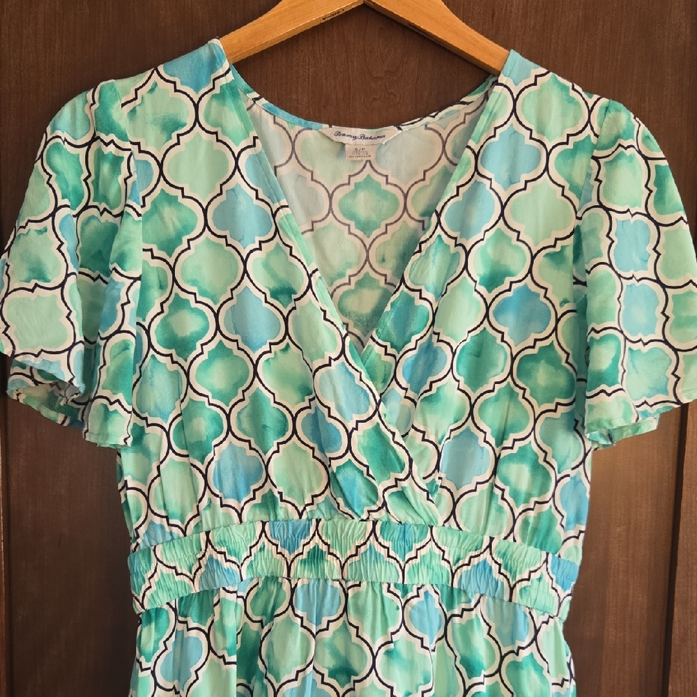 Tommy Bahama Petite Size Small Green & Blue Geometric Hi-Lo Summer Sundress